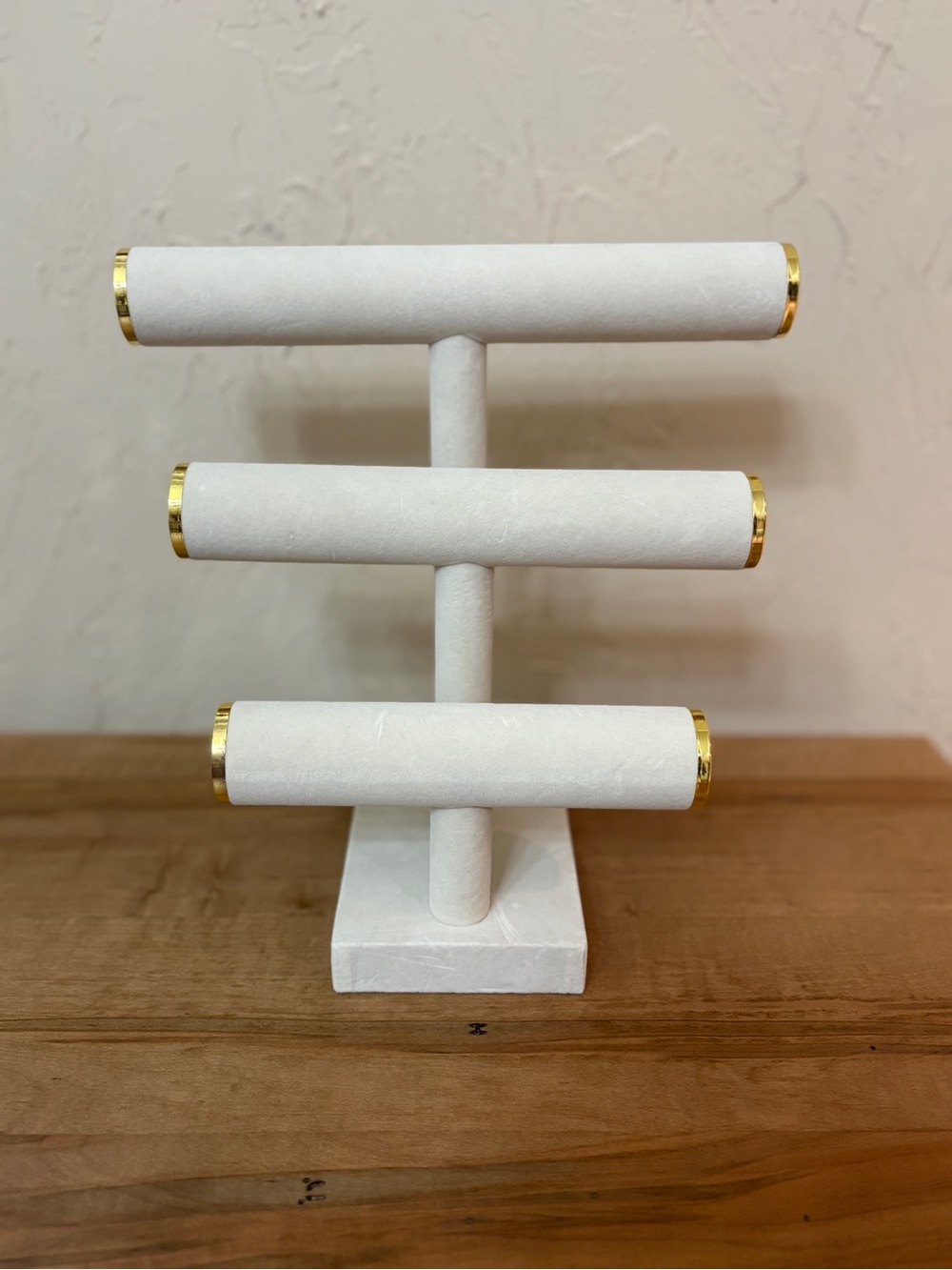 White Velvet Triple-Bar Jewelry Stand with Gold Trim